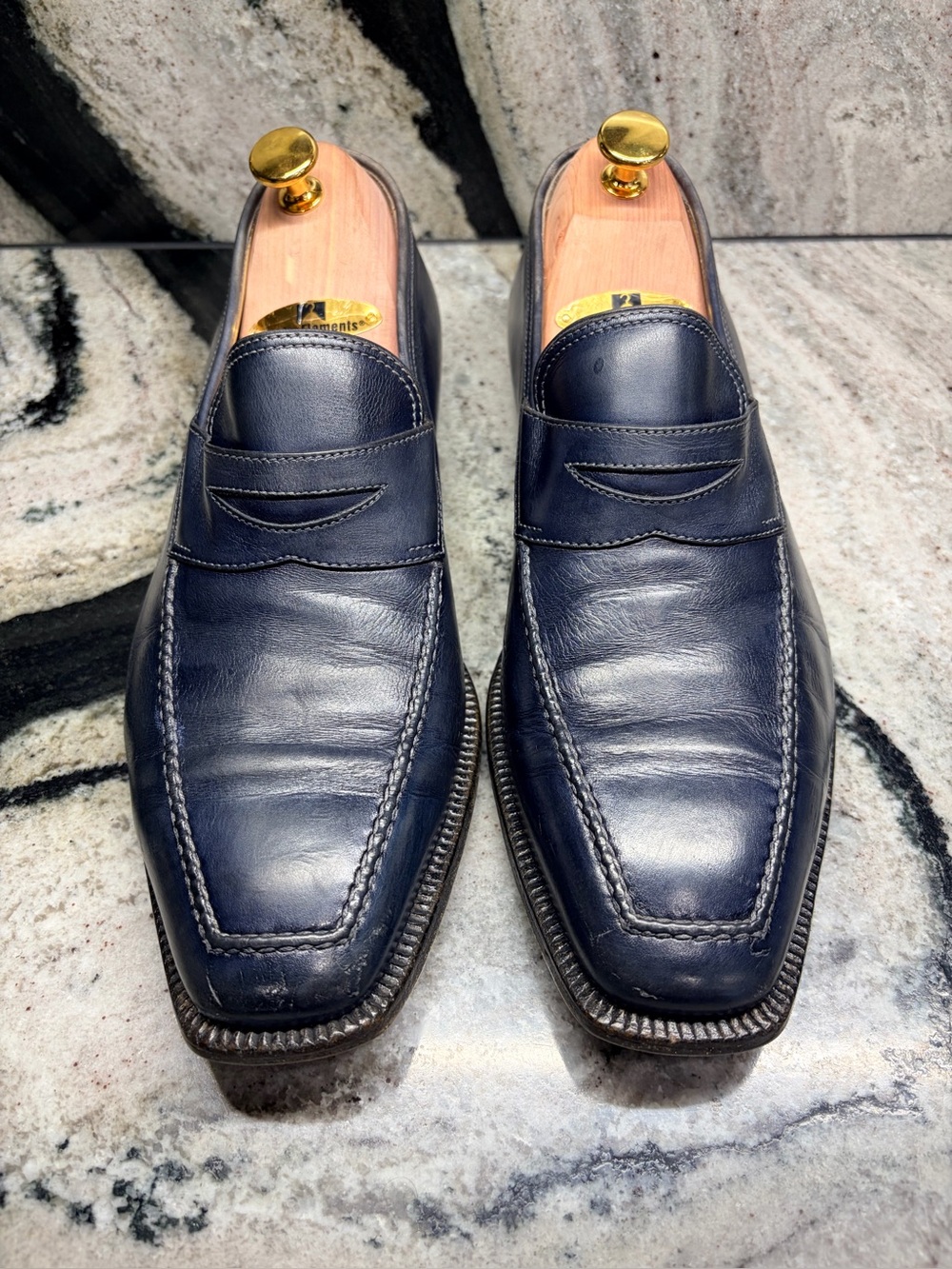 Stefano Bi Navy Blue Italian Leather Penny Loafers UK 8.5 US 9.5 Handmade